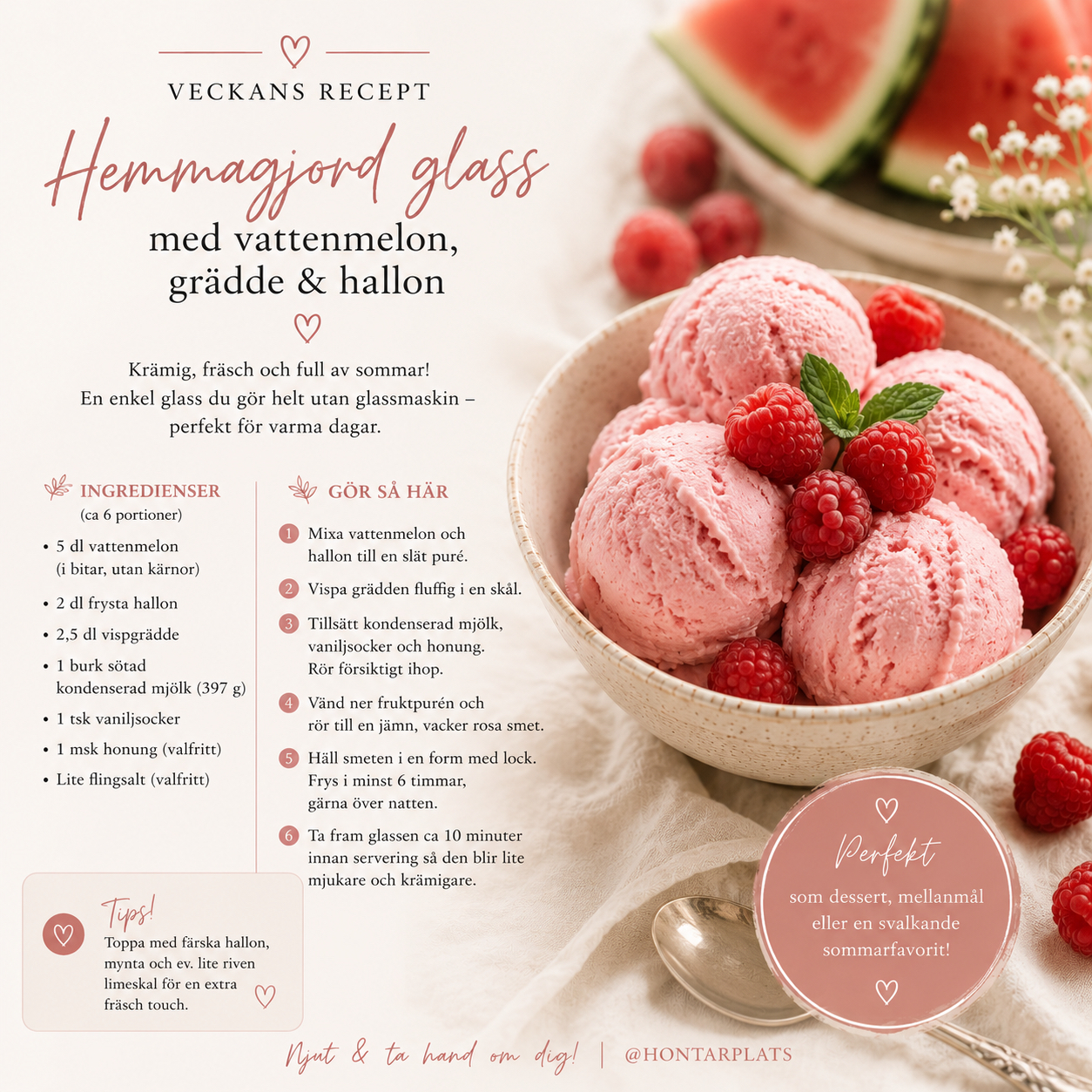 Hemmagjord glass med vattenmelon, grädde & hallon