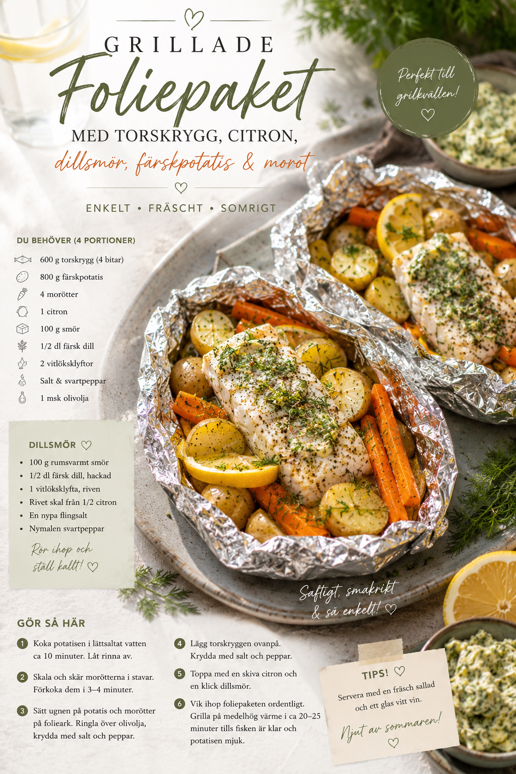 Grillade foliepaket med torskrygg, citron, dillsmör, färskpotatis & morot